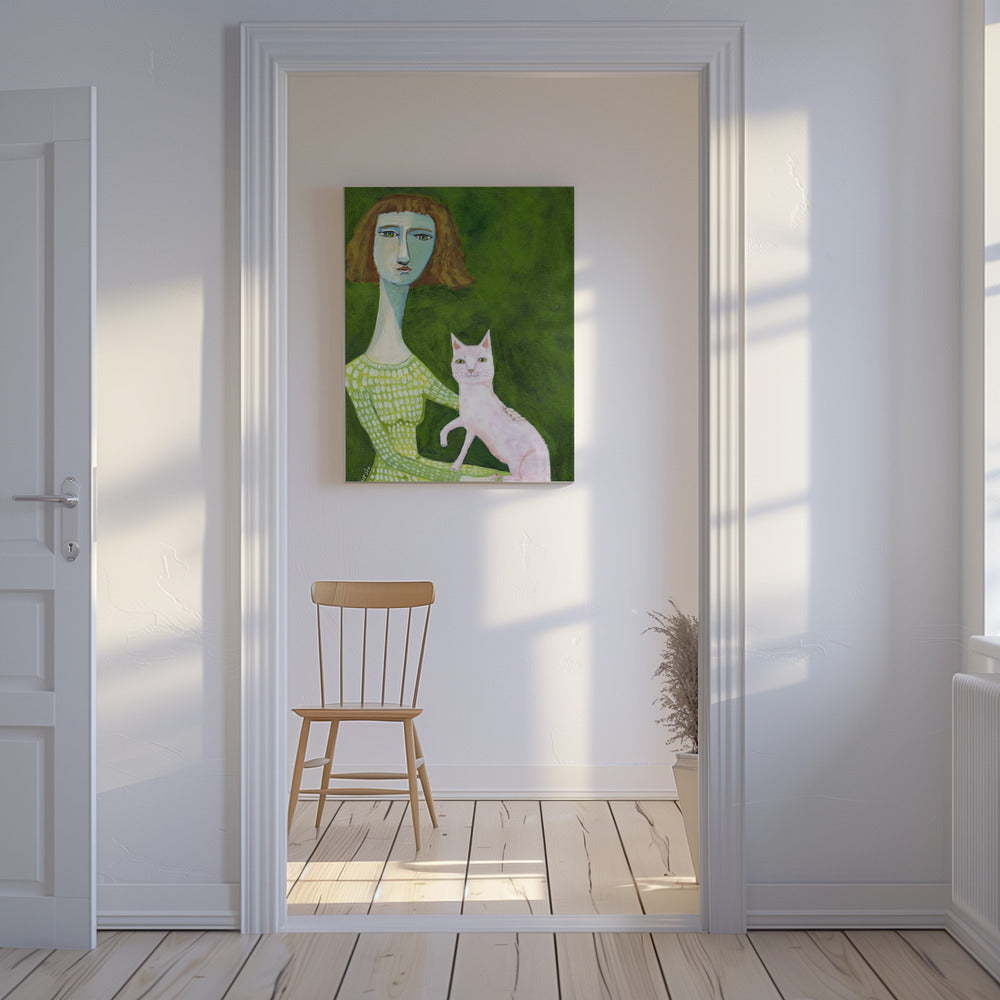 Katzendame mit rosa Katze | Leinwand