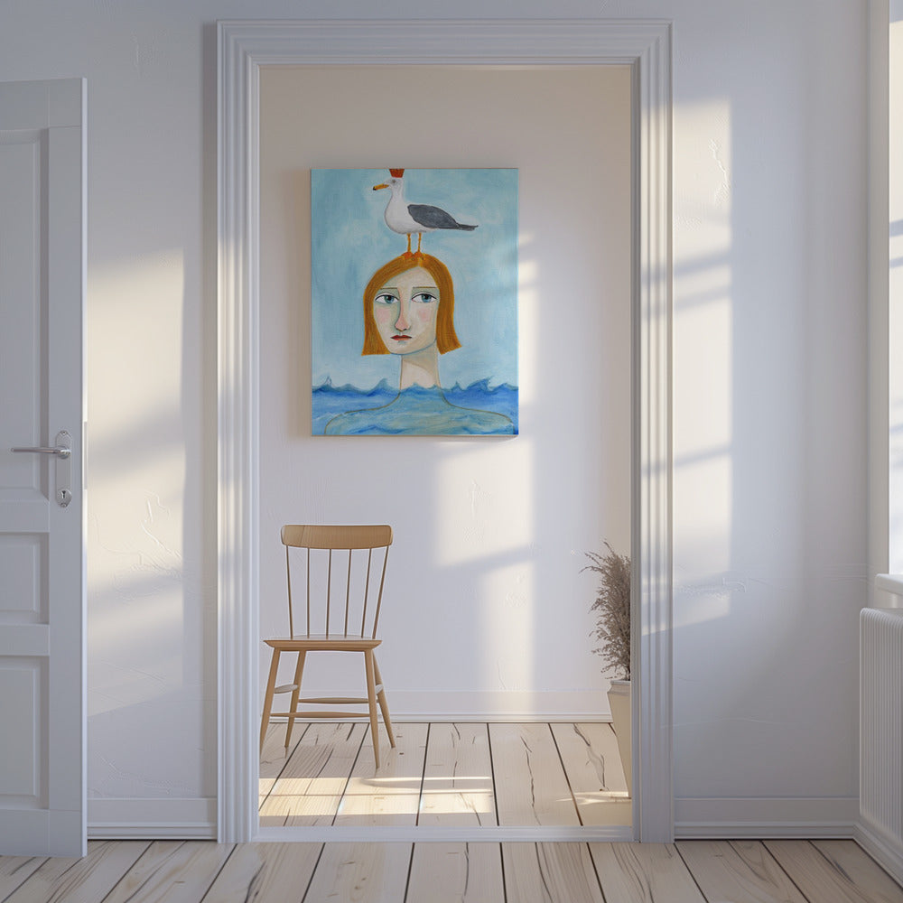 Nackte Dame im Ozean mit Möwe | Leinwand