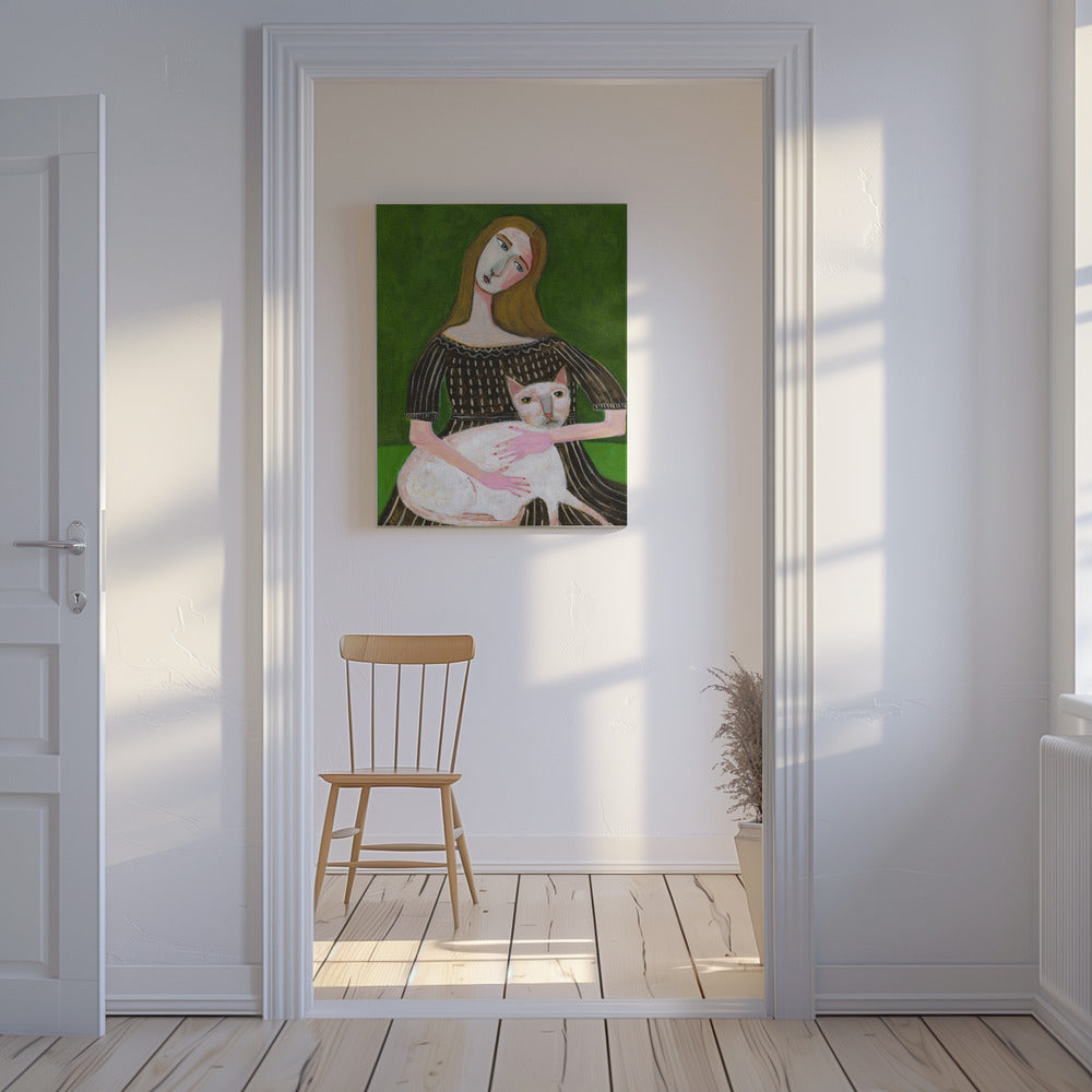 Vintage-Dame mit weißer Katze | Leinwand