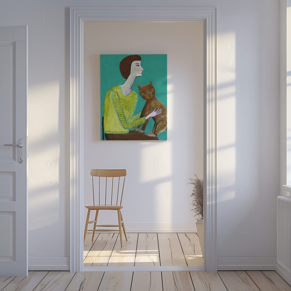 Dame sitzt mit brauner Katze Katzenliebhaber | Leinwand
