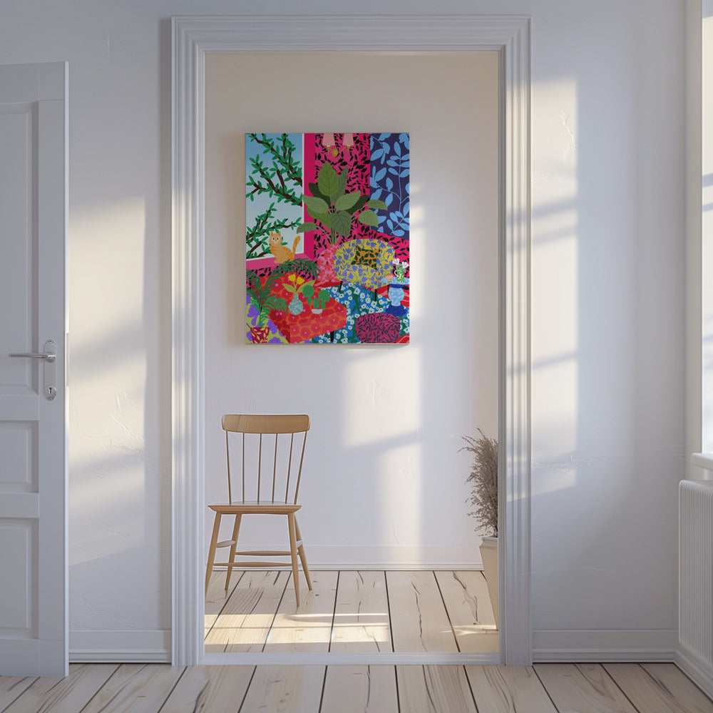 Katze im Flower Power Wohnzimmer | Leinwand