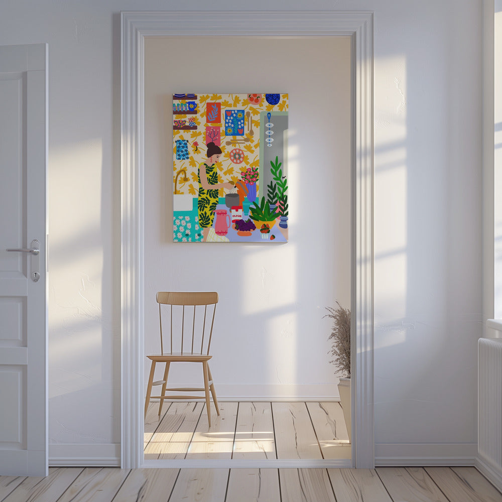Eine Frau in einer Küche mit Blumen | Leinwand