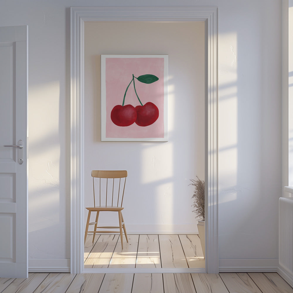 Rote Kirschen mit grünem Blatt | Leinwand