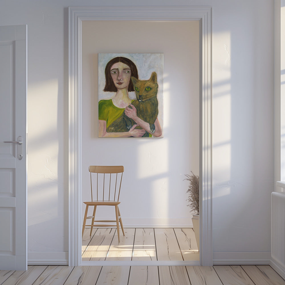Cat Lady with Greenish Cat | Canvas