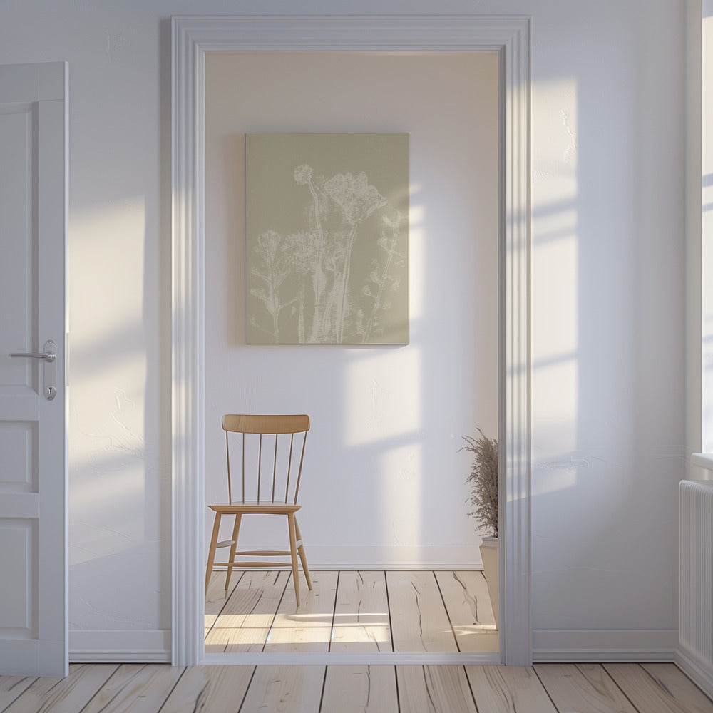 Abstrakte Blumen. Weiße Wiesenpflanzen und Blumen auf neutralem Beige. | Leinwand