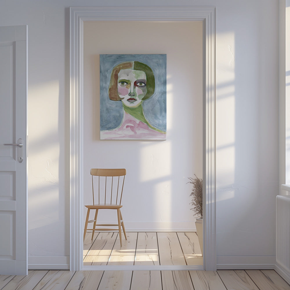 Dame mit Bob-Haarschnitt, grauer Hintergrund | Leinwand