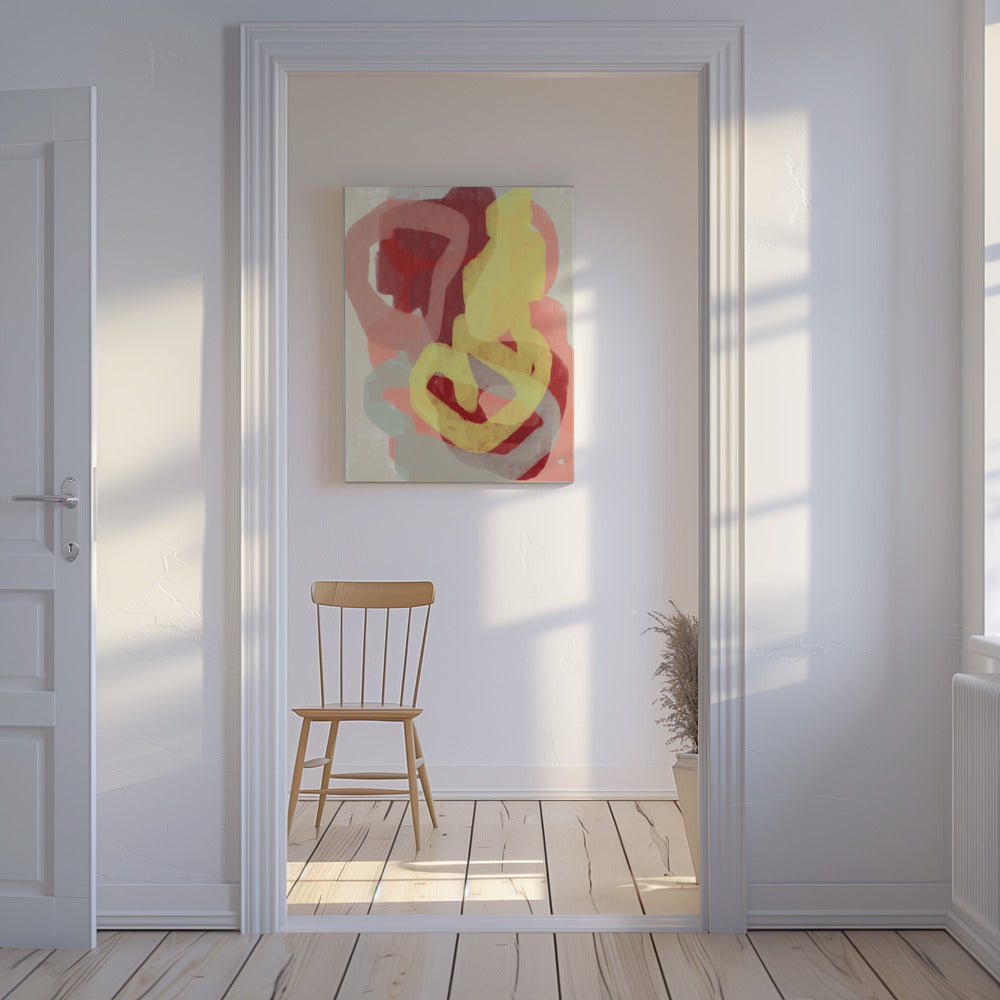 Abstraktes Gemälde in Pastell. Gelb, Rot und Grau. | Leinwand