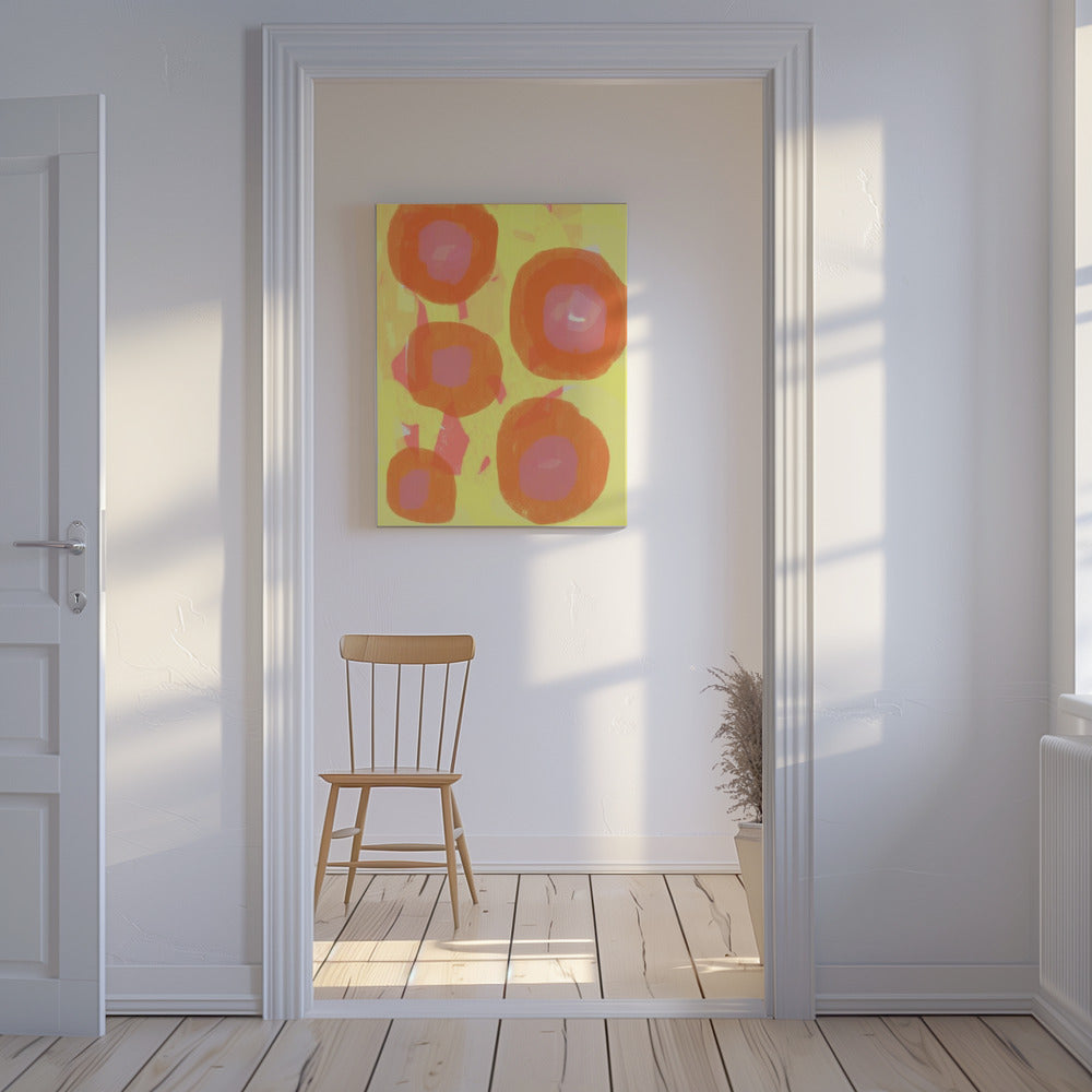 Abstraktes Gemälde. Boho-Rosen in Orange und Pink auf Gelb. | Leinwand