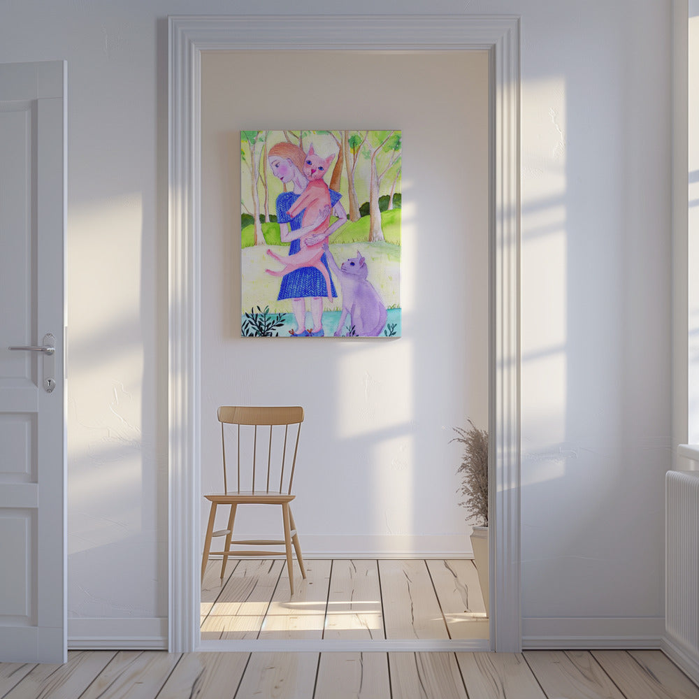 Dame mit der rosa-blauen Katze. | Leinwand