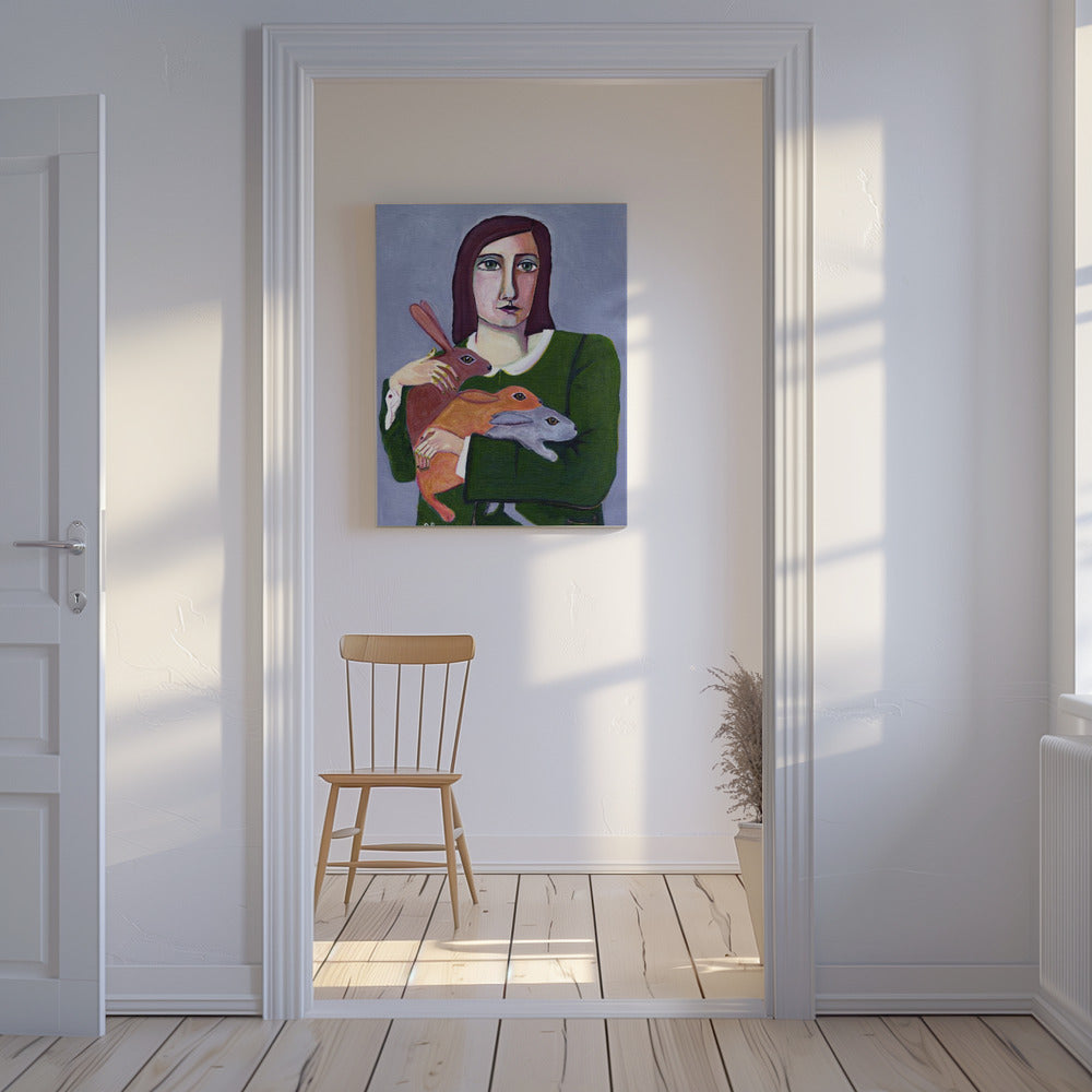 Dame mit drei Kaninchen | Leinwand