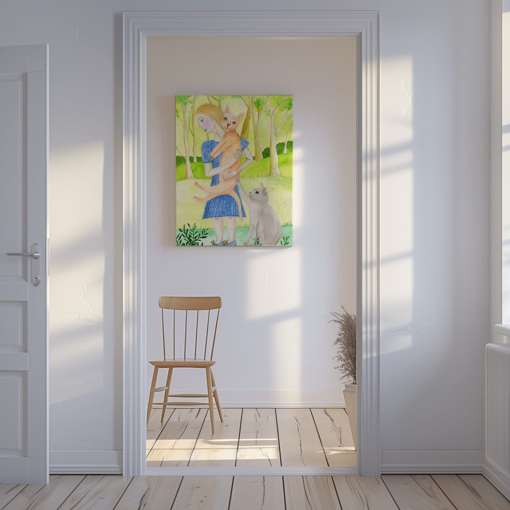 Dame mit der orange-grauen Katze. | Leinwand