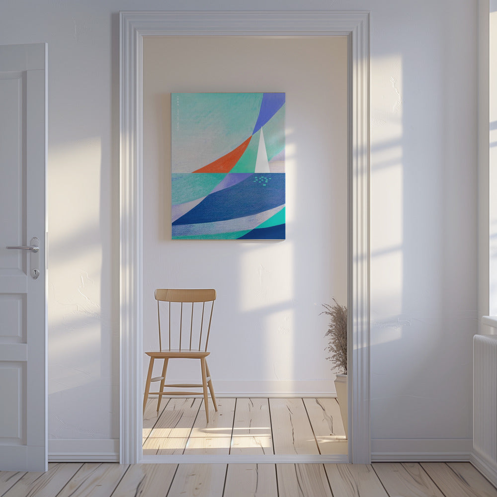 Abstrakte Ozeankunst mit minimalistischem weißen Segelboot auf dem Meer | Leinwand
