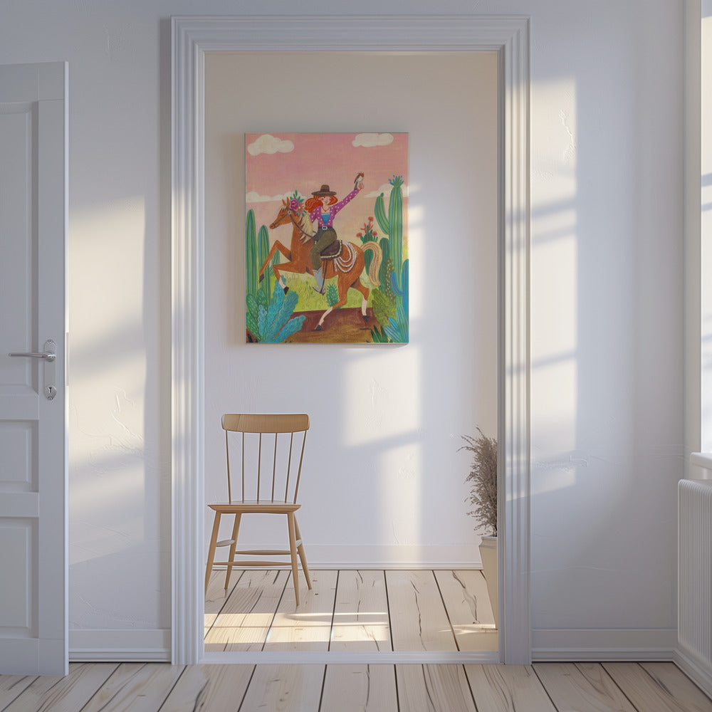 Cowgirl auf Pferd in der Wüste | Leinwand