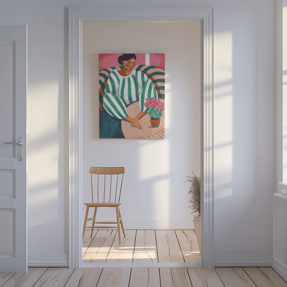 Frau in Streifen in Gedanken | Leinwand