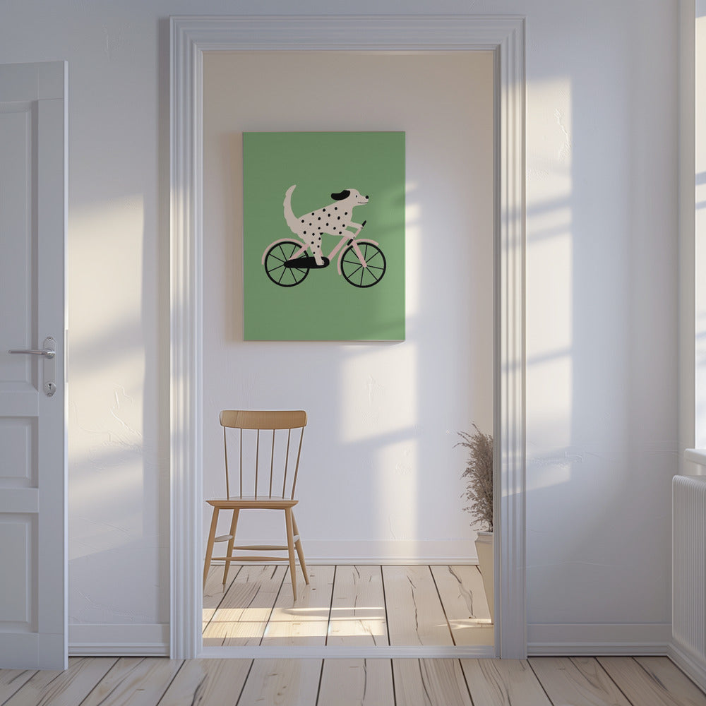 Gefleckter Hund beim Fahrradfahren | Leinwand