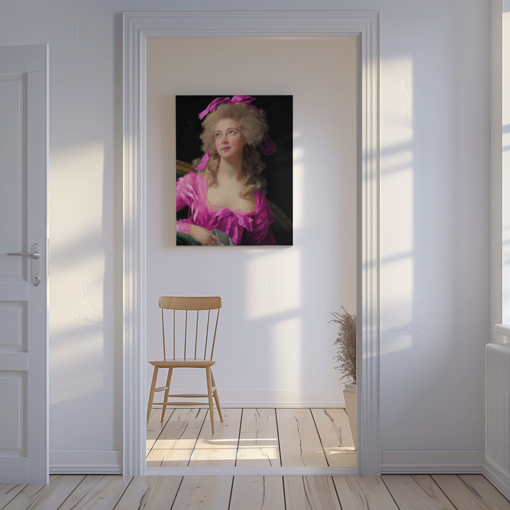 Frau in leuchtendem rosa Kleid und Schleife | Leinwand