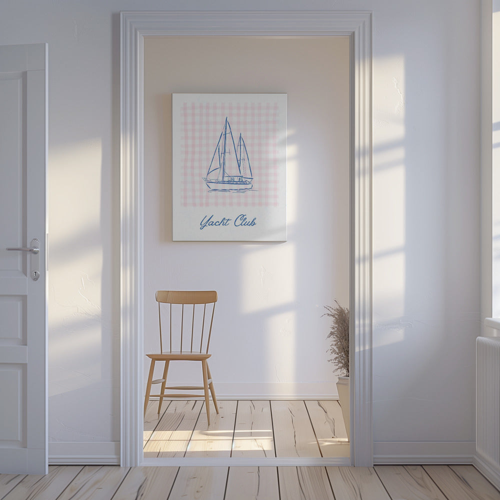 Minimalistische blaue Linienzeichnung einer Yacht | Leinwand