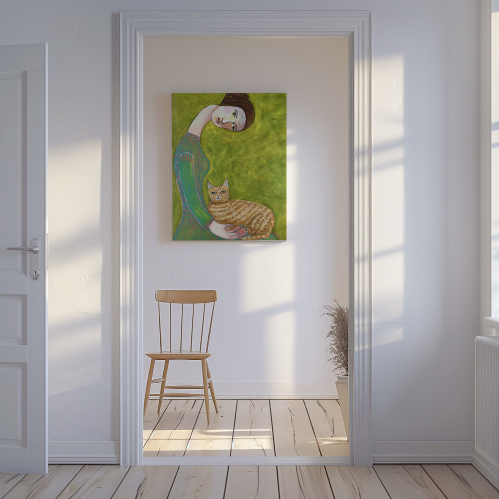 Bent Neck Lady mit ihrer geliebten roten Katze. | Leinwand