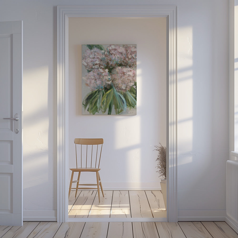 Rosa Hortensien mit grünen Blättern | Leinwand