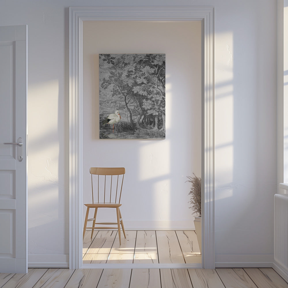 Vintage Landschaft mit Storch | Leinwand