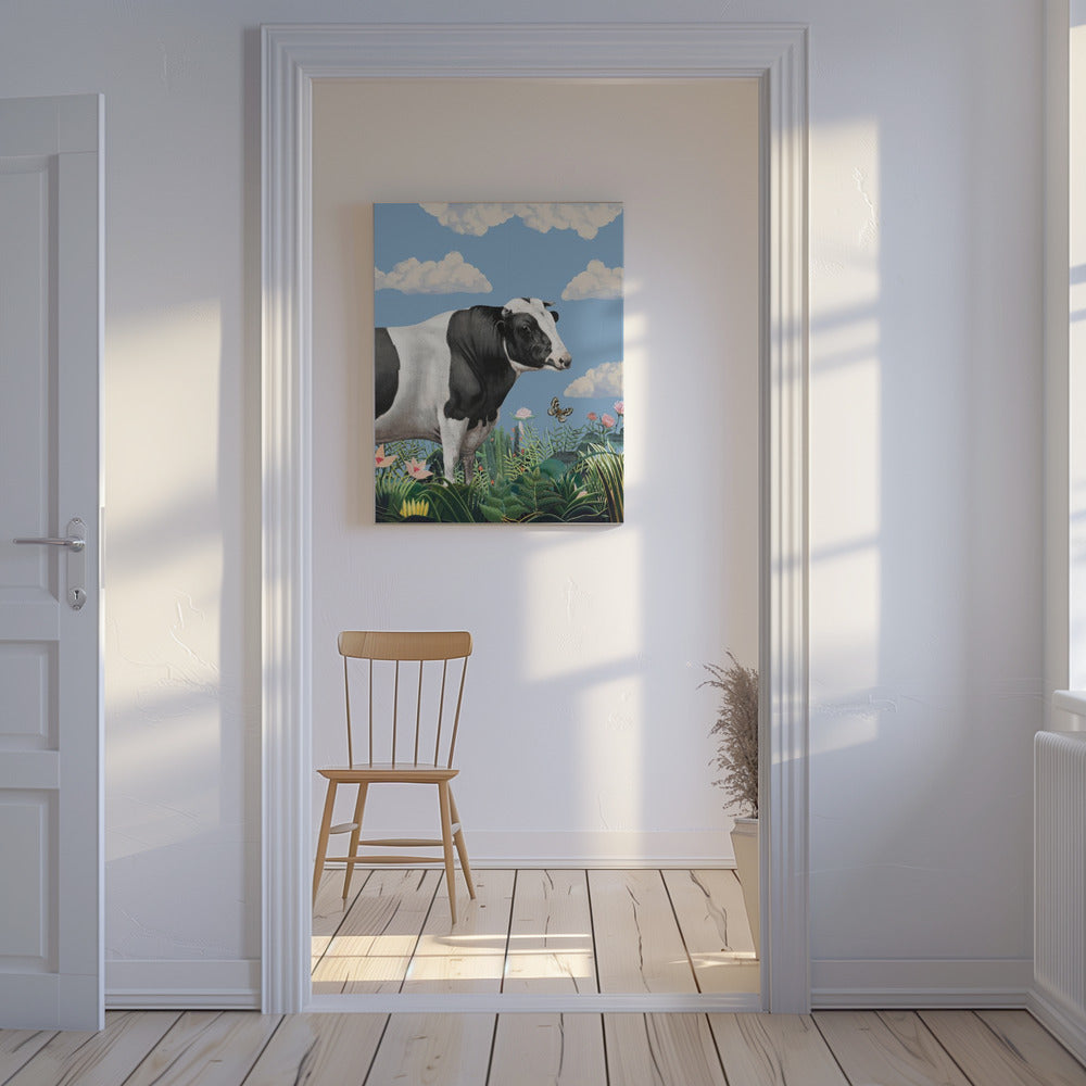 Farbenfrohe Porträts glücklicher Kühe (inkl. Schmetterling) | Leinwand