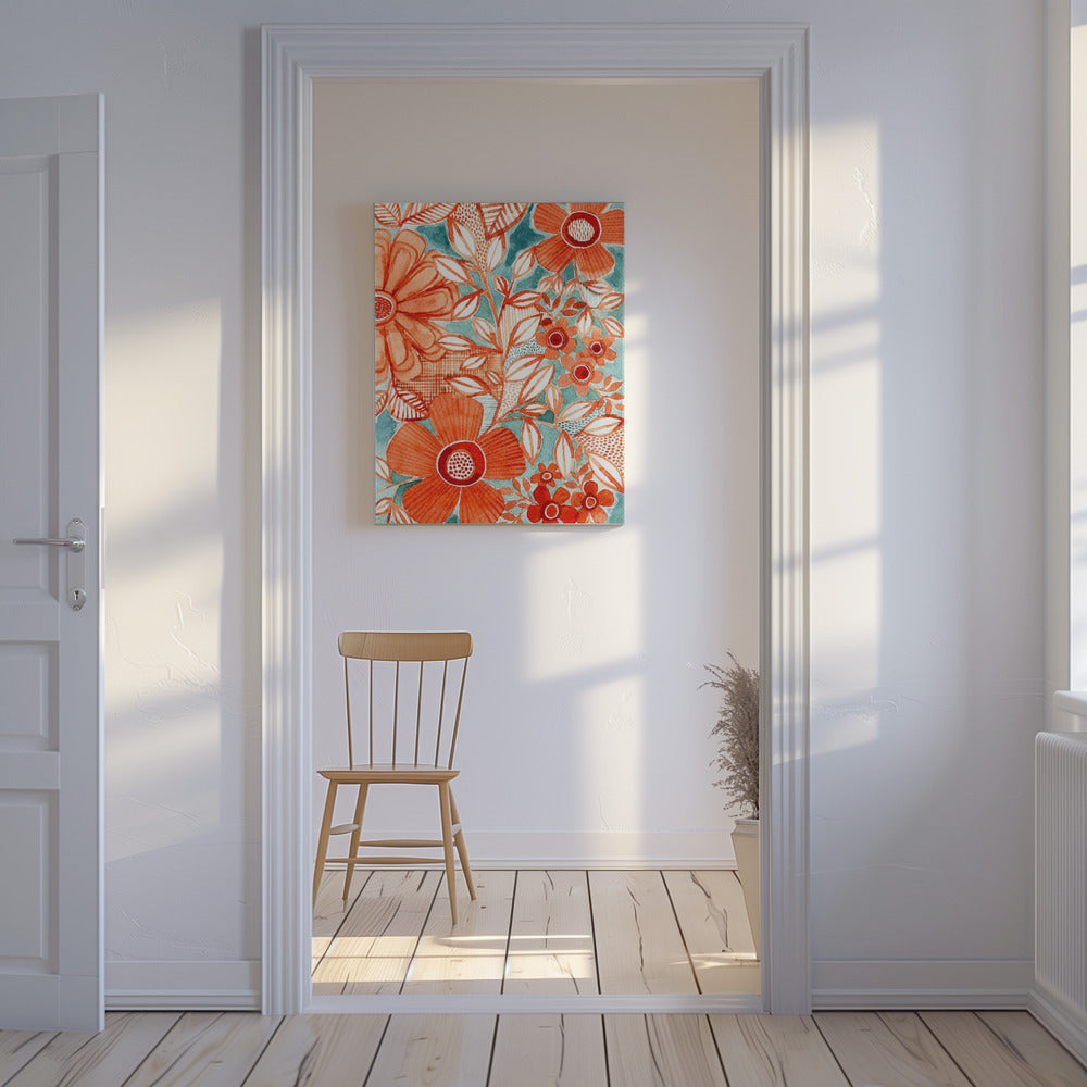 Rote Gänseblümchen mit Aqua | Leinwand