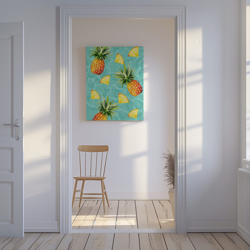 Exotisches Ananas- und Ananasscheiben-Muster – Tropisches Sommer-Aquarell | Leinwand