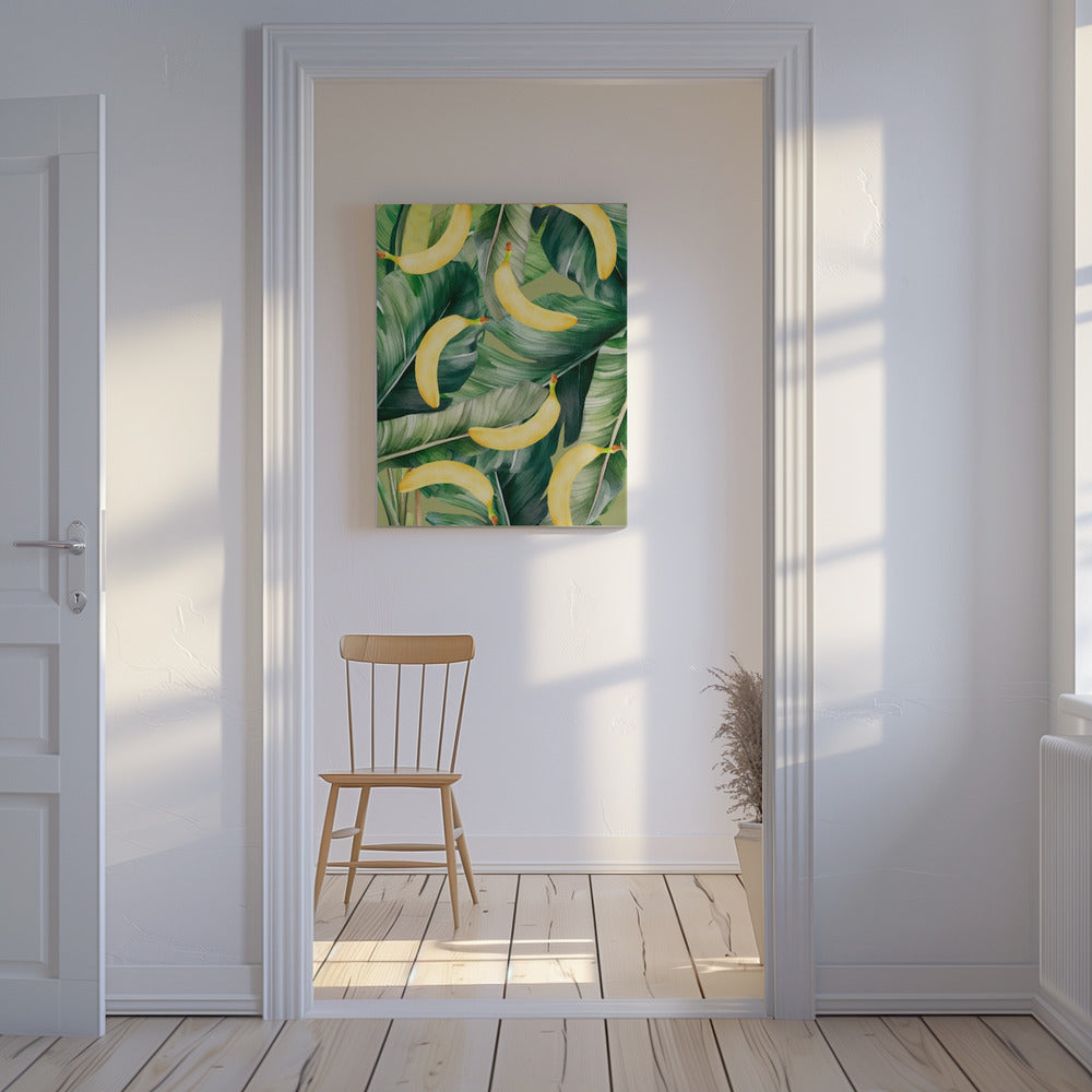 Ästhetisches Muster mit frischen Bananen und üppigen tropischen Blättern – Natürliches Aquarelldesign | Leinwand