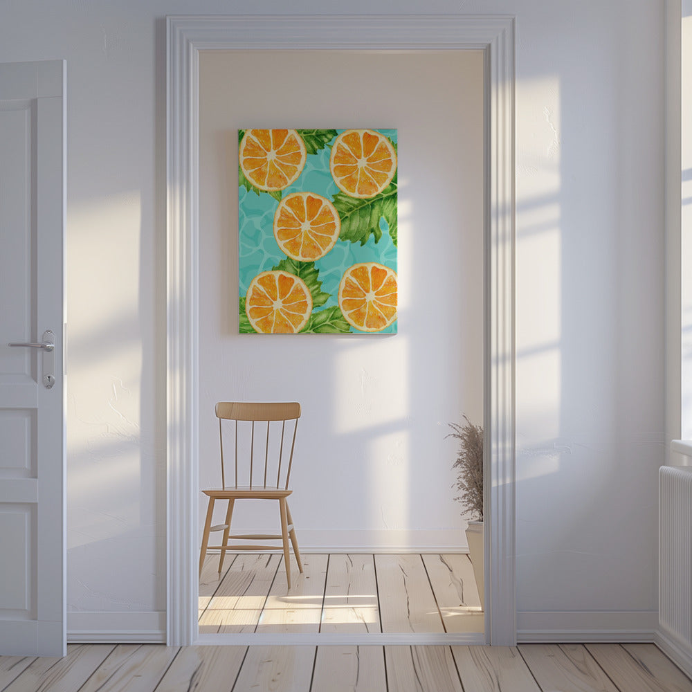 Lebendiges ästhetisches Muster aus Orangenscheiben und Blättern – Erfrischendes Sommer-Aquarell | Leinwand