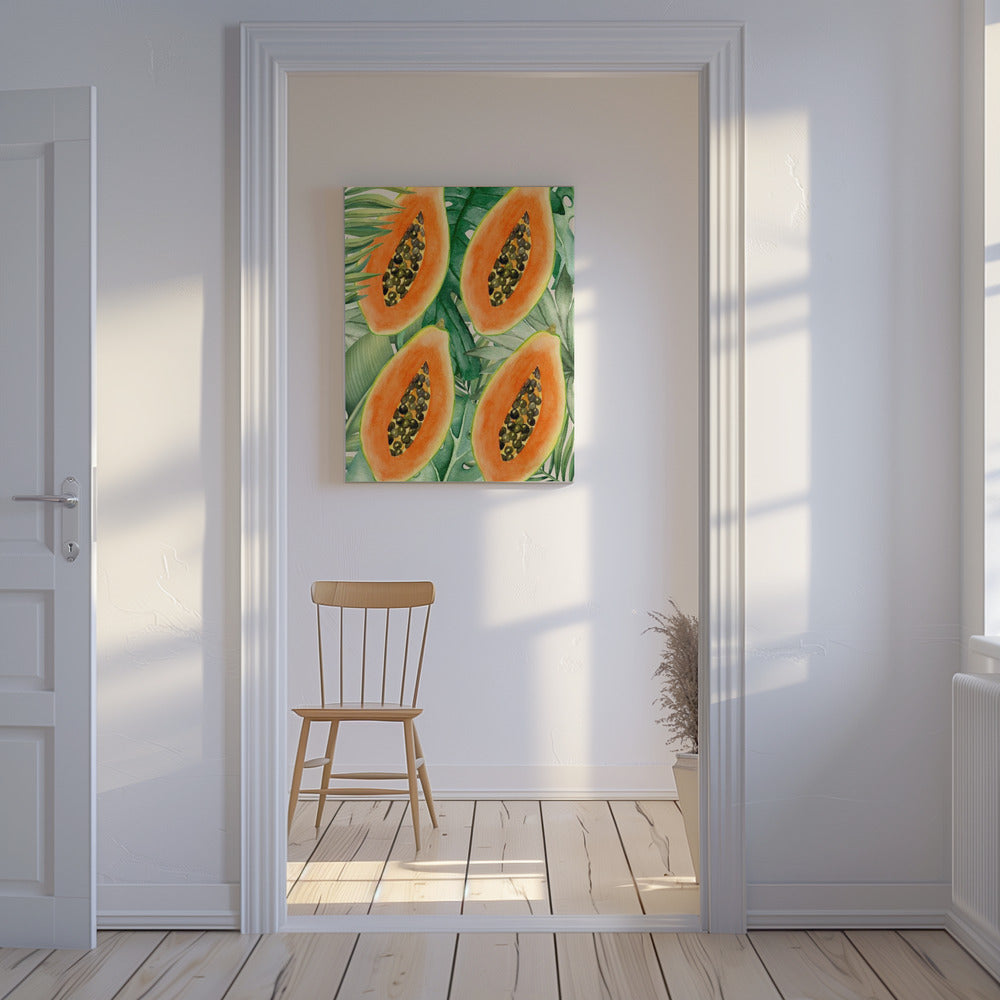 Ästhetisches Muster mit exotischer Papaya und üppigen grünen Blättern – Tropisches botanisches Aquarell | Leinwand