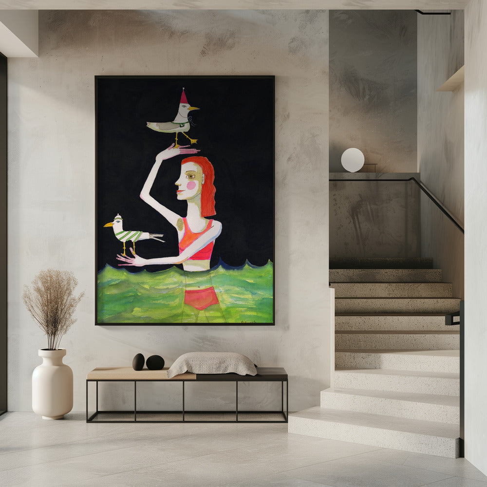 Schwimmende Dame mit Vögeln | Poster