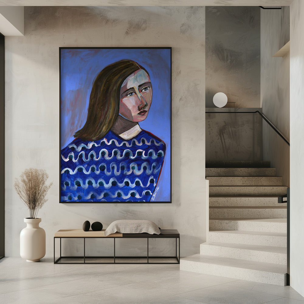 Frau im blauen Pullover Naives Porträt Figurativ | Poster