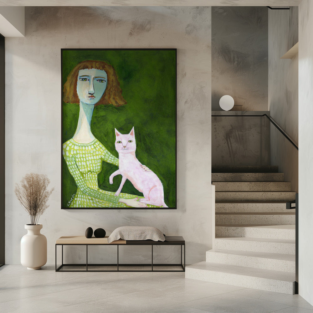 Katzendame mit rosa Katze | Poster