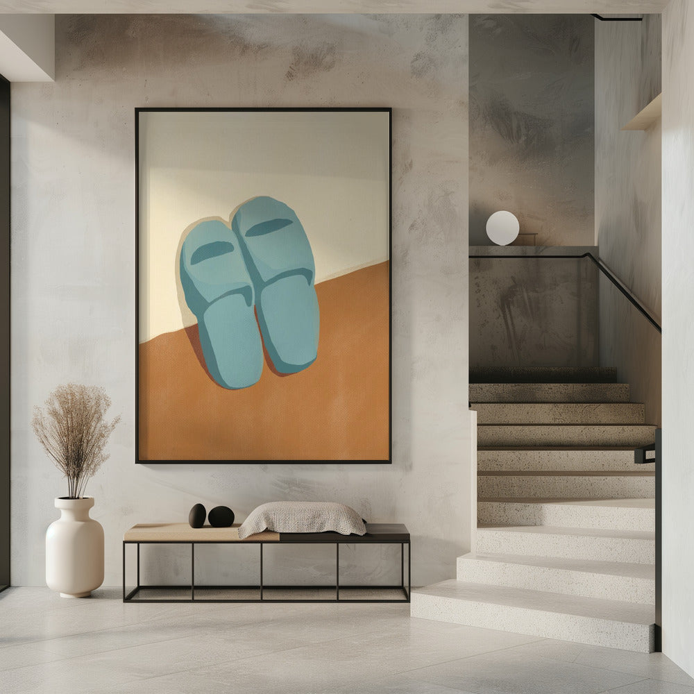 Blaue Hausschuhe auf braunem und beigem Hintergrund | Poster