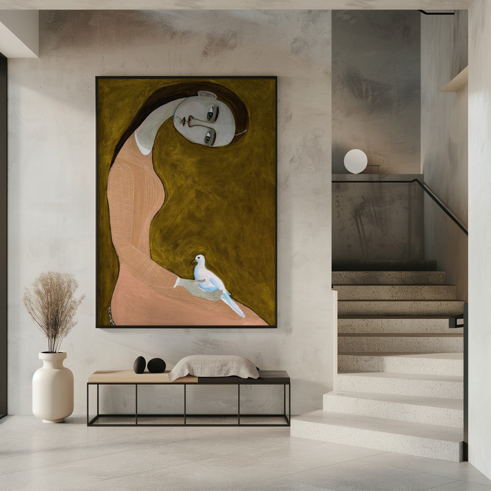 Mädchen mit Taube sitzend im rosa Kleid | Poster