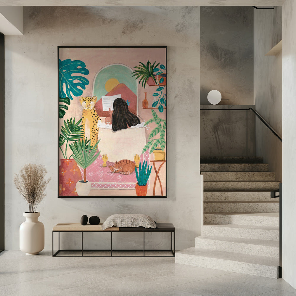 Frau badet in rosa tropischem Badezimmer | Poster