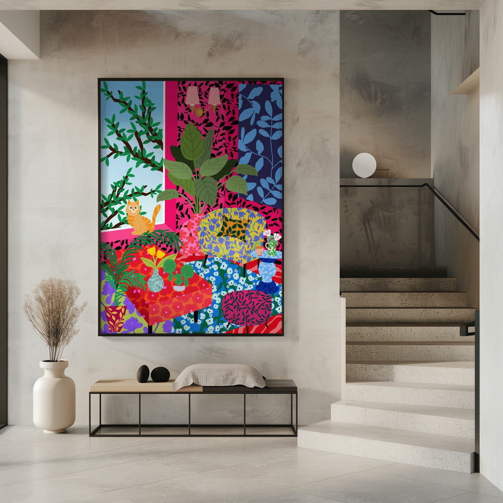 Cat in Flower Power Livingroom | Poster