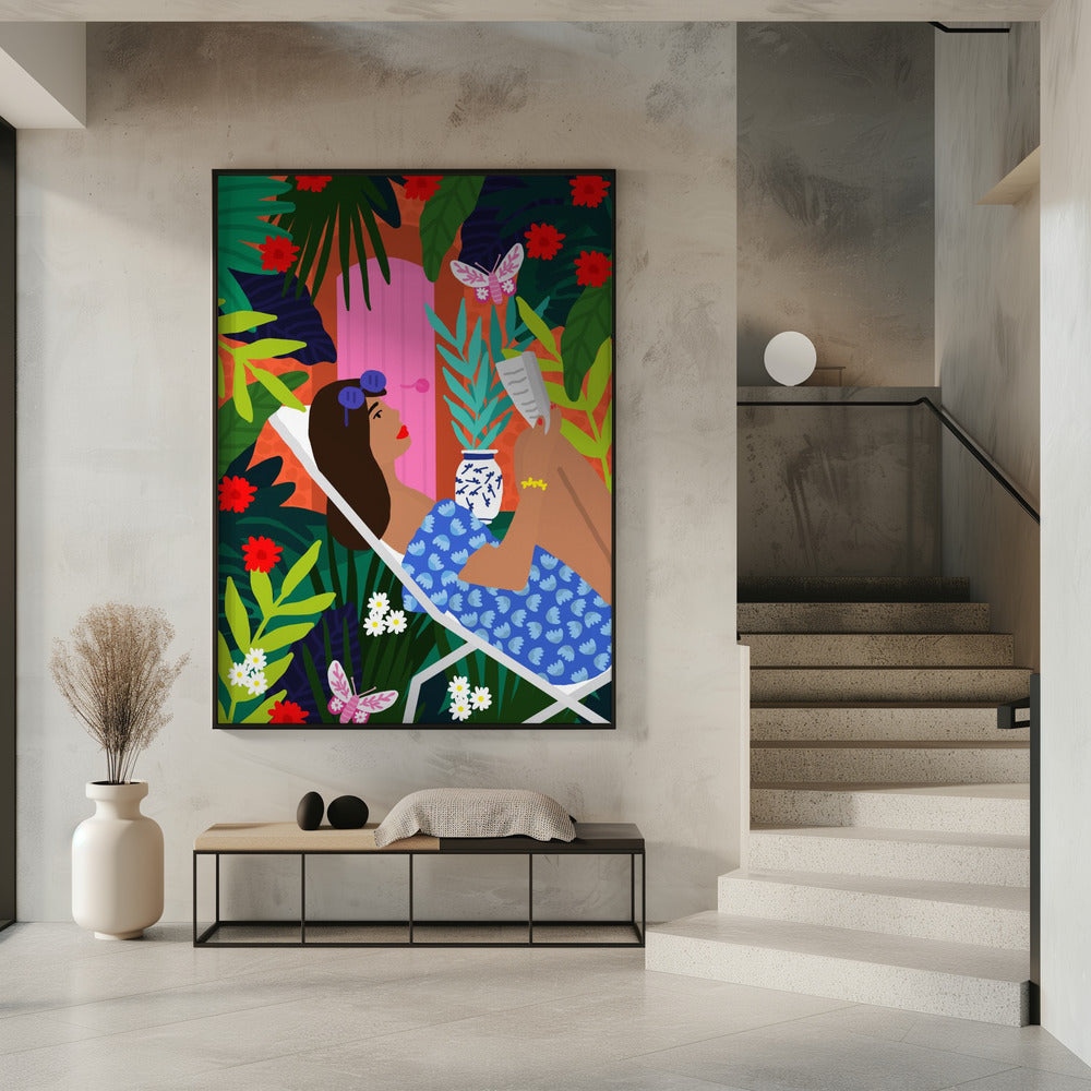 Sonnenbadendes Mädchen mit Blumenmuster | Poster