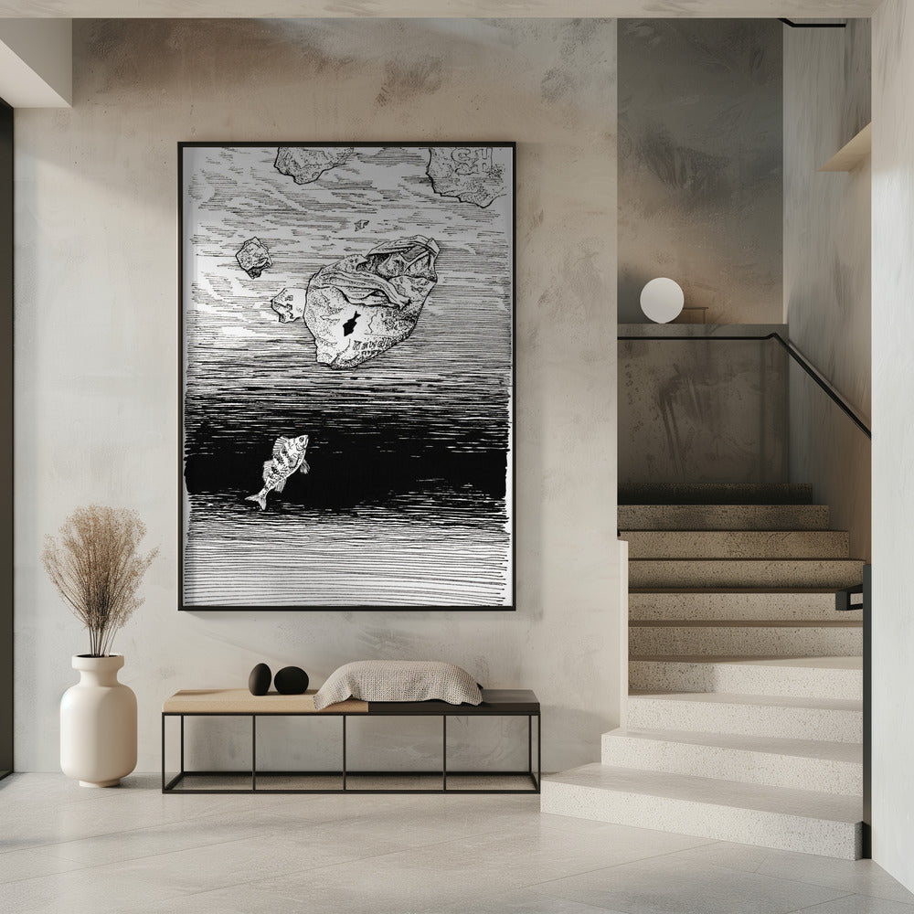 Midless. A Fish in the Plastic Sea Ink Drawing. | Poster