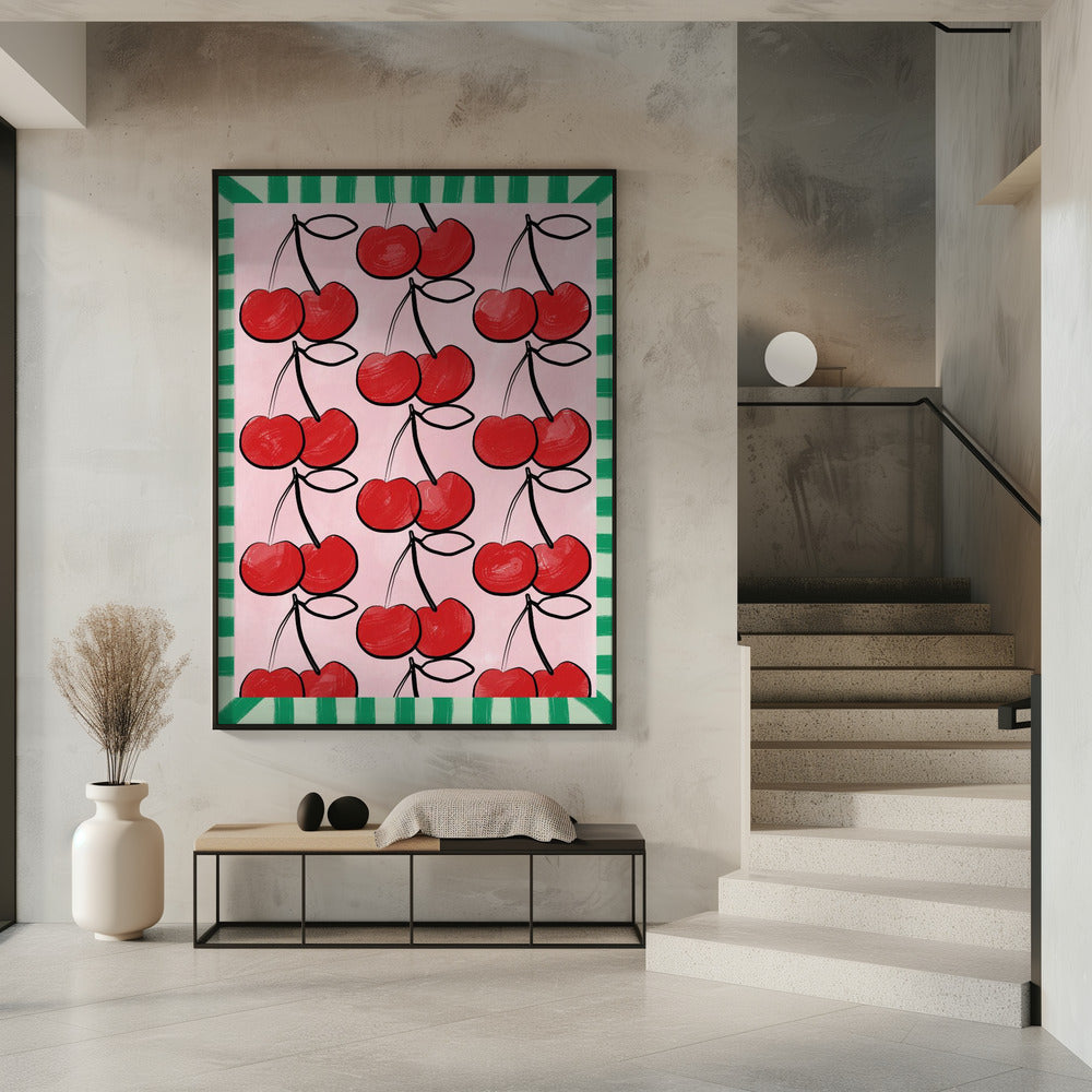 Rote Kirschen auf einem rosa | Poster