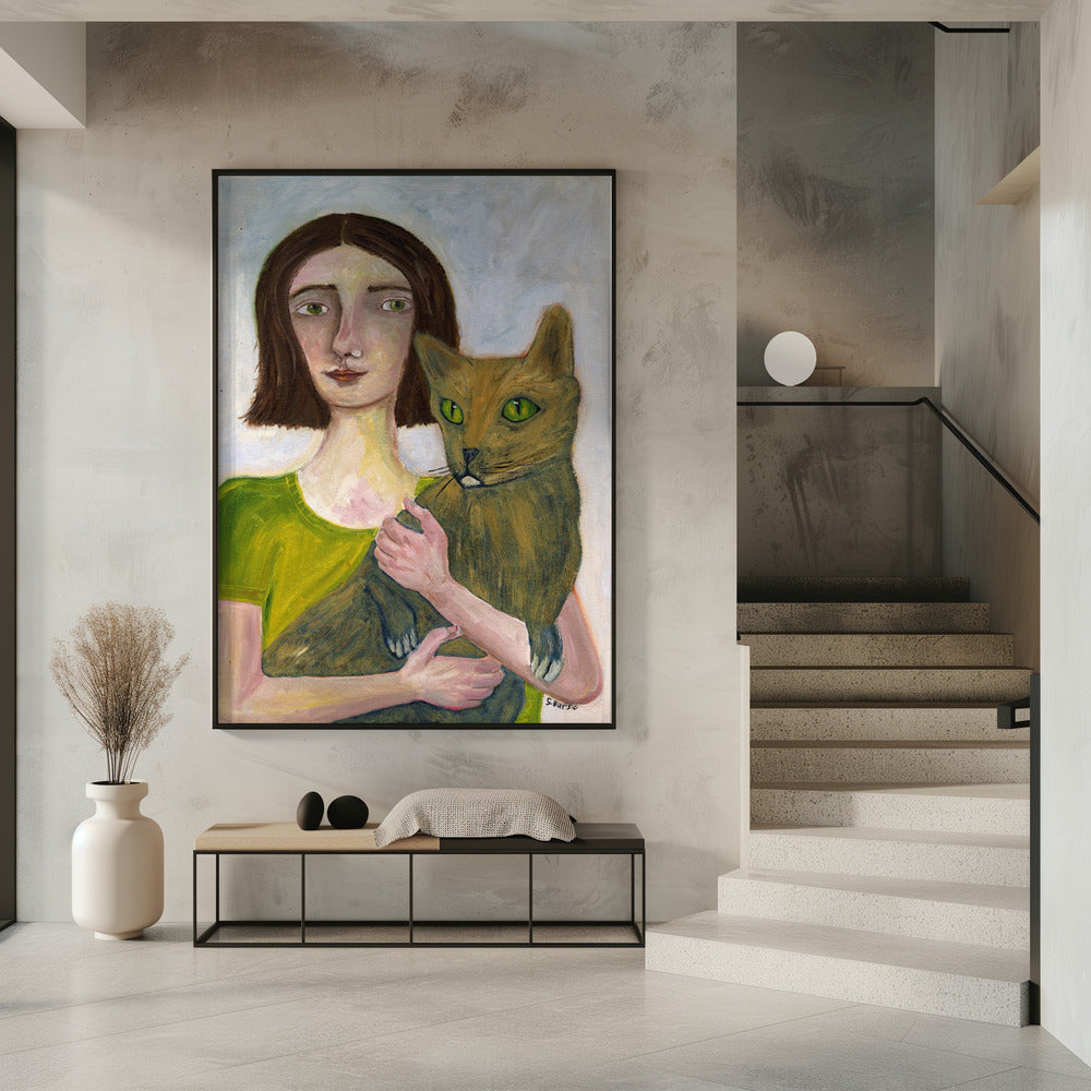 Katzendame mit grünlicher Katze | Poster