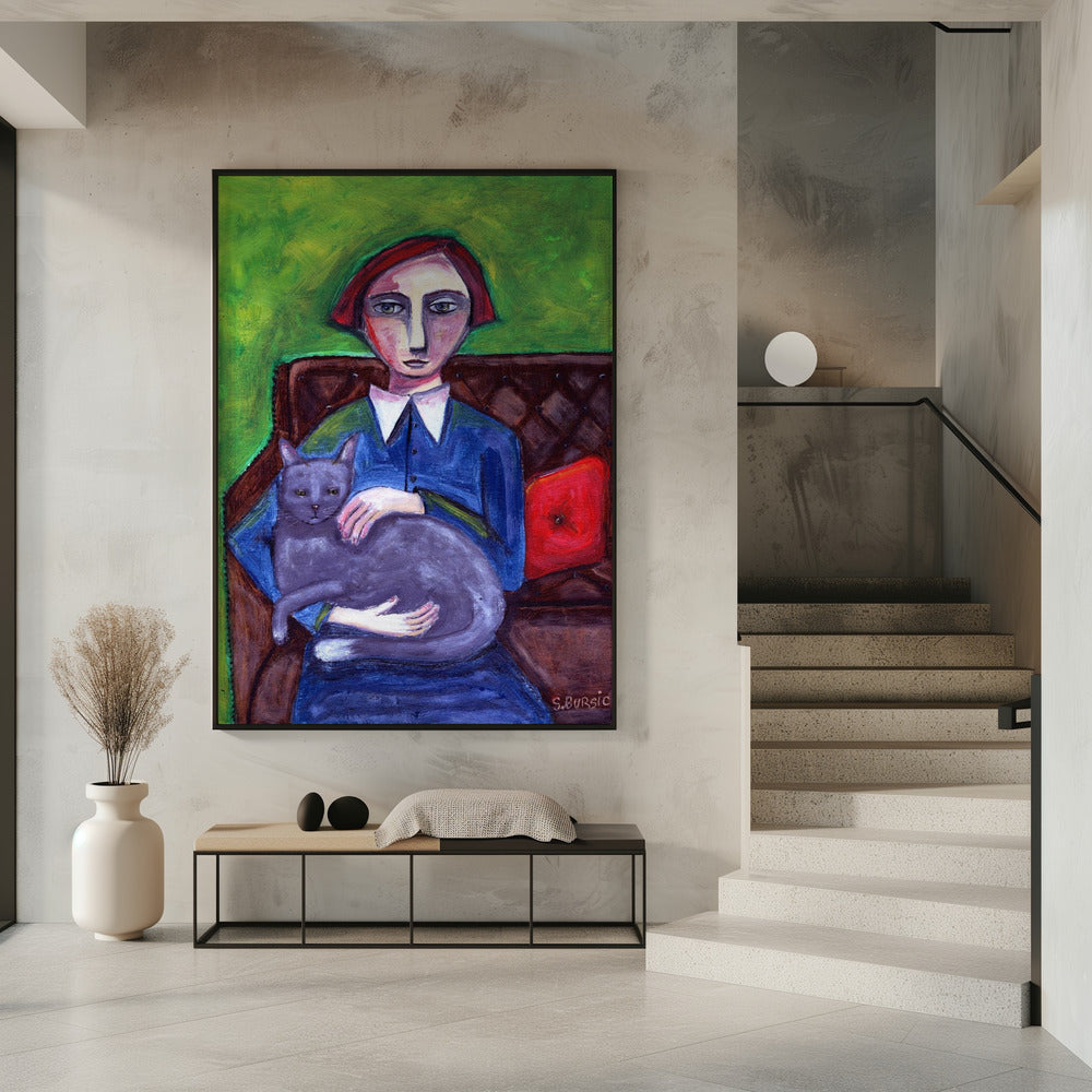 Dame auf der Couch mit Katze | Poster
