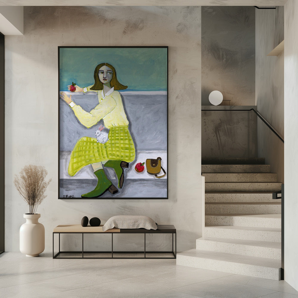 Die Dame und der Hase mit Apfel | Poster