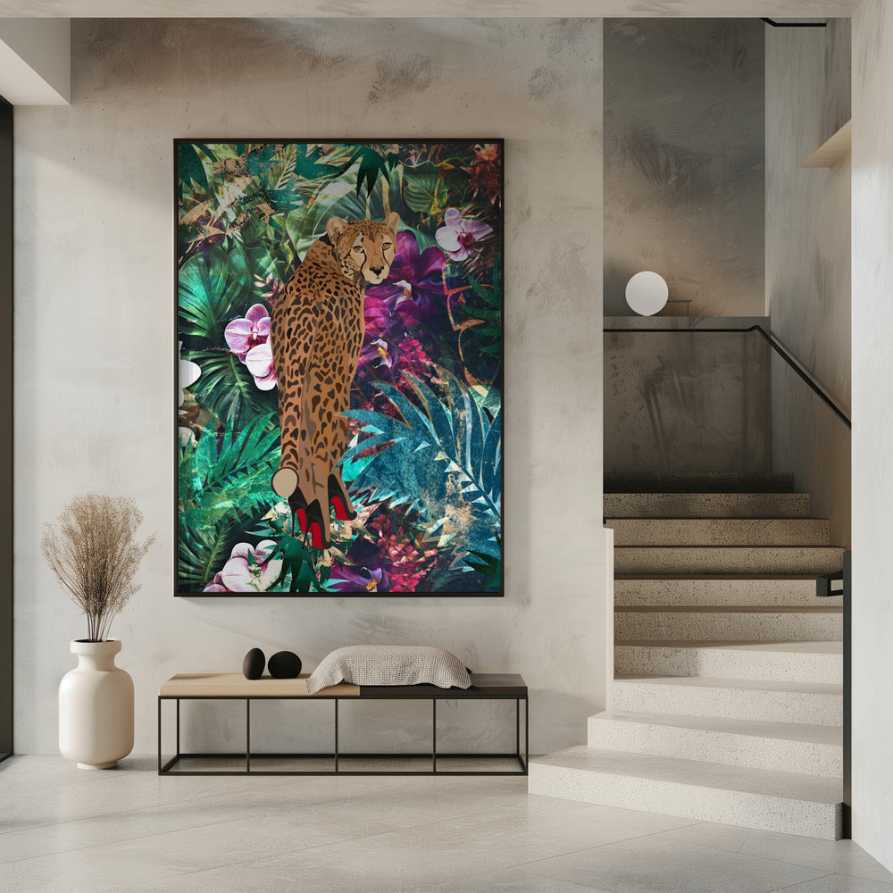 Tropischer Blumendschungel – Gepard in High Heels | Poster