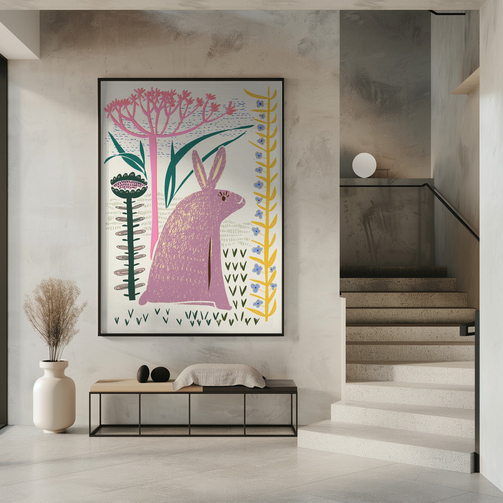 Blockdruck lila Hase | Poster