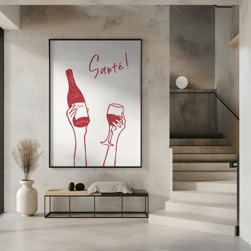 Hände halten eine Weinflasche und ein Weinglas mit dem Text „Prost!“ auf Französisch | Poster