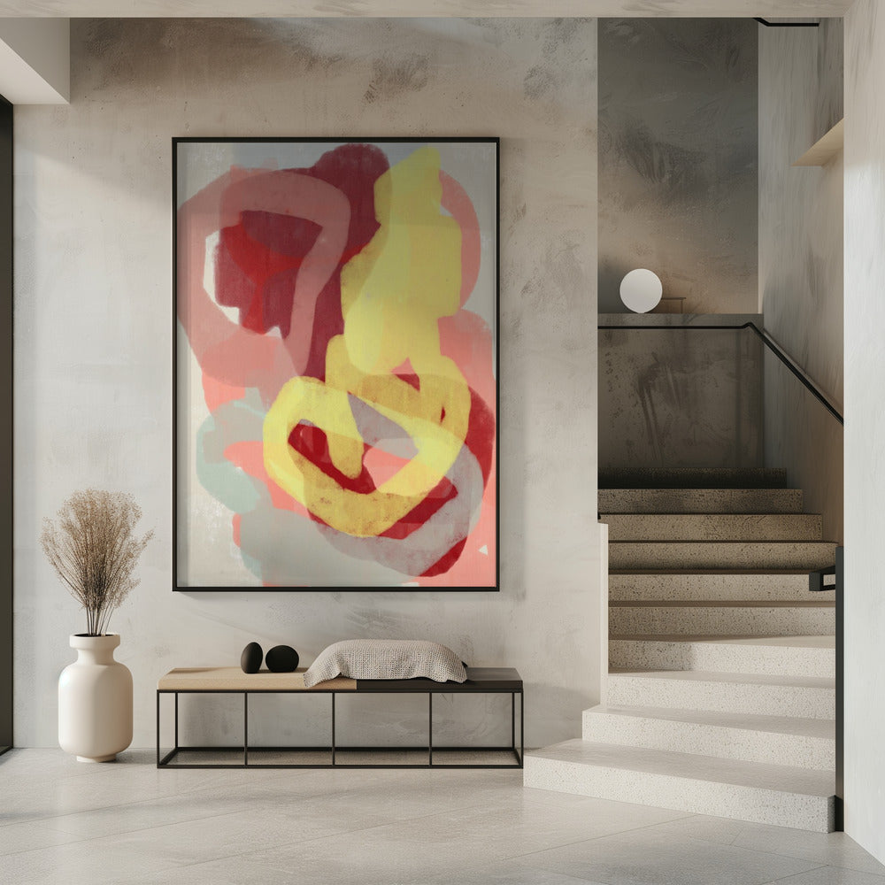 Abstrakte Malerei in Pastell. Gelb, Rot und Grau. | Poster