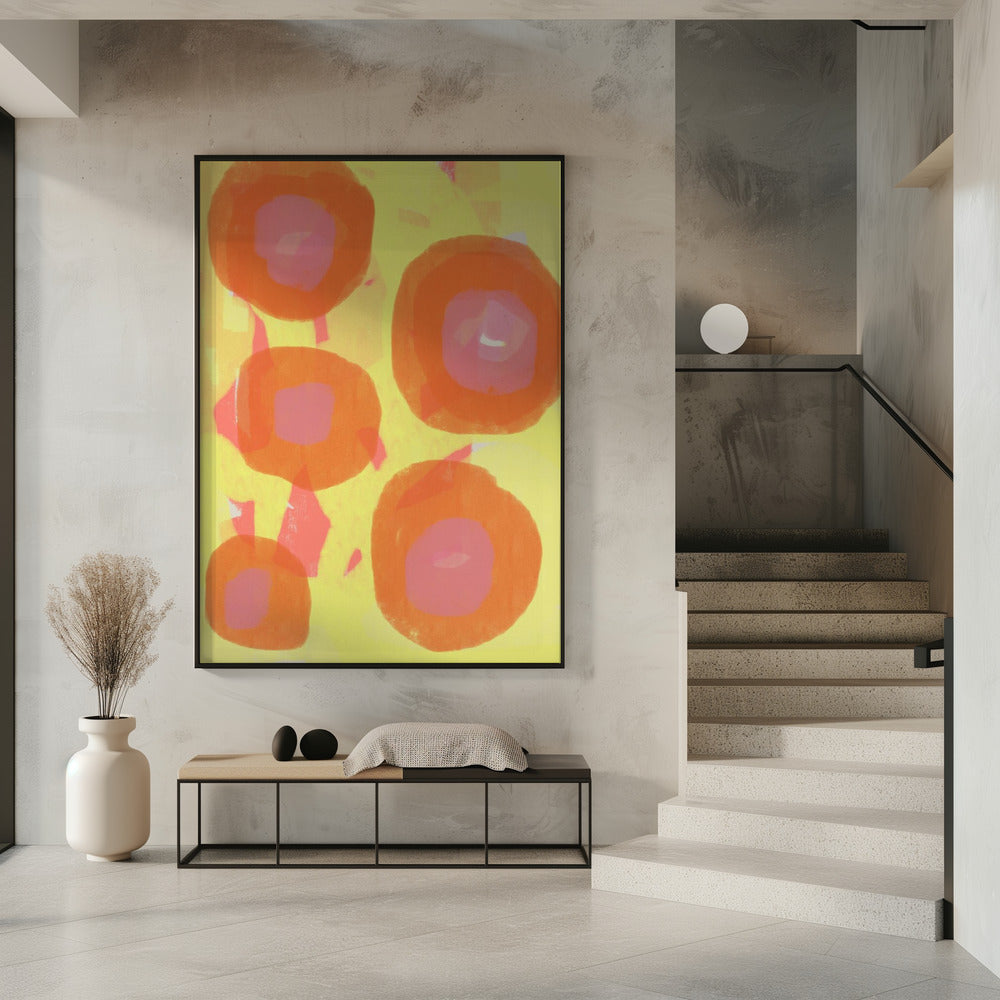 Abstrakte Malerei. Boho-Rosen in Orange und Pink auf Gelb. | Poster