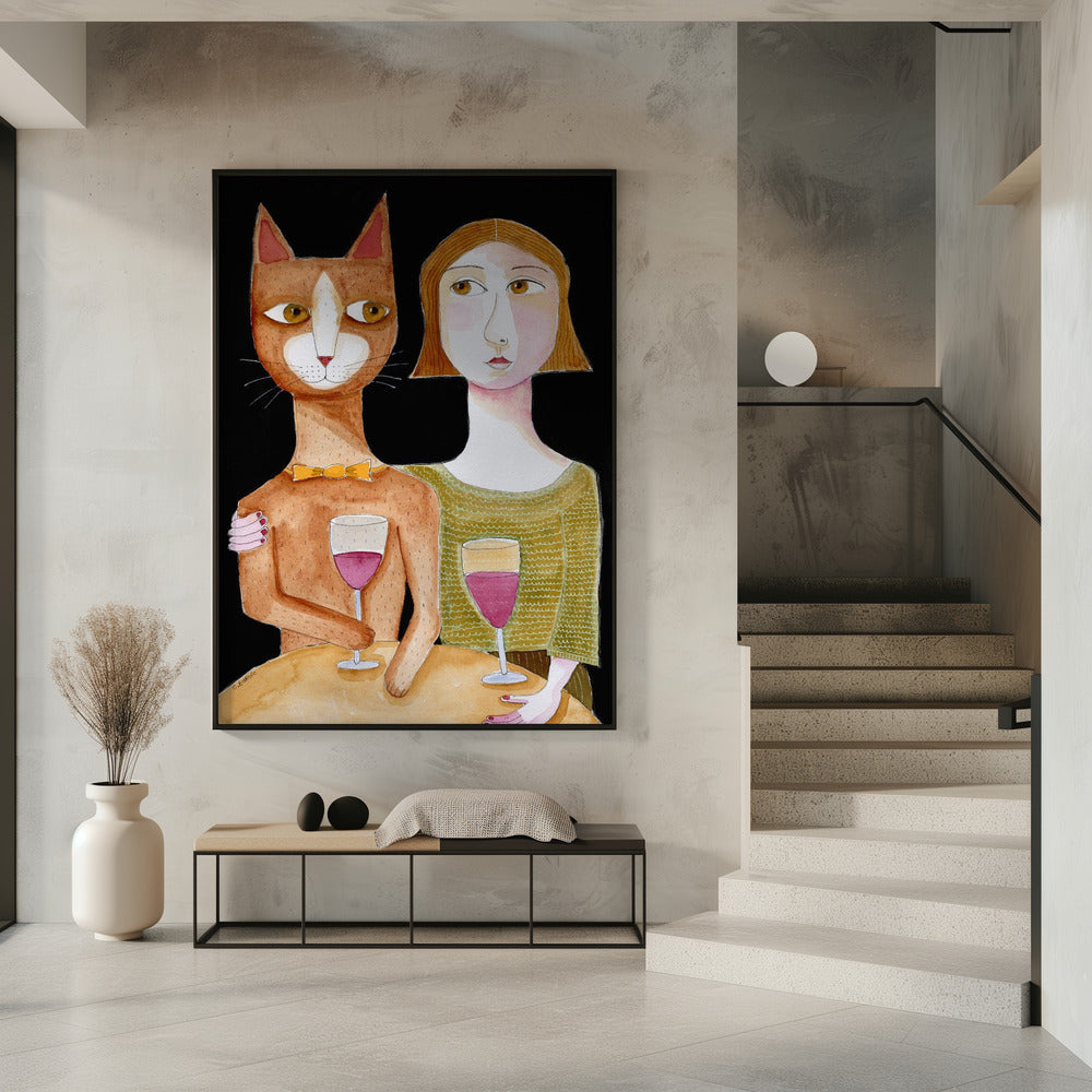 Beste Freunde Katze und Dame trinken Wein | Poster
