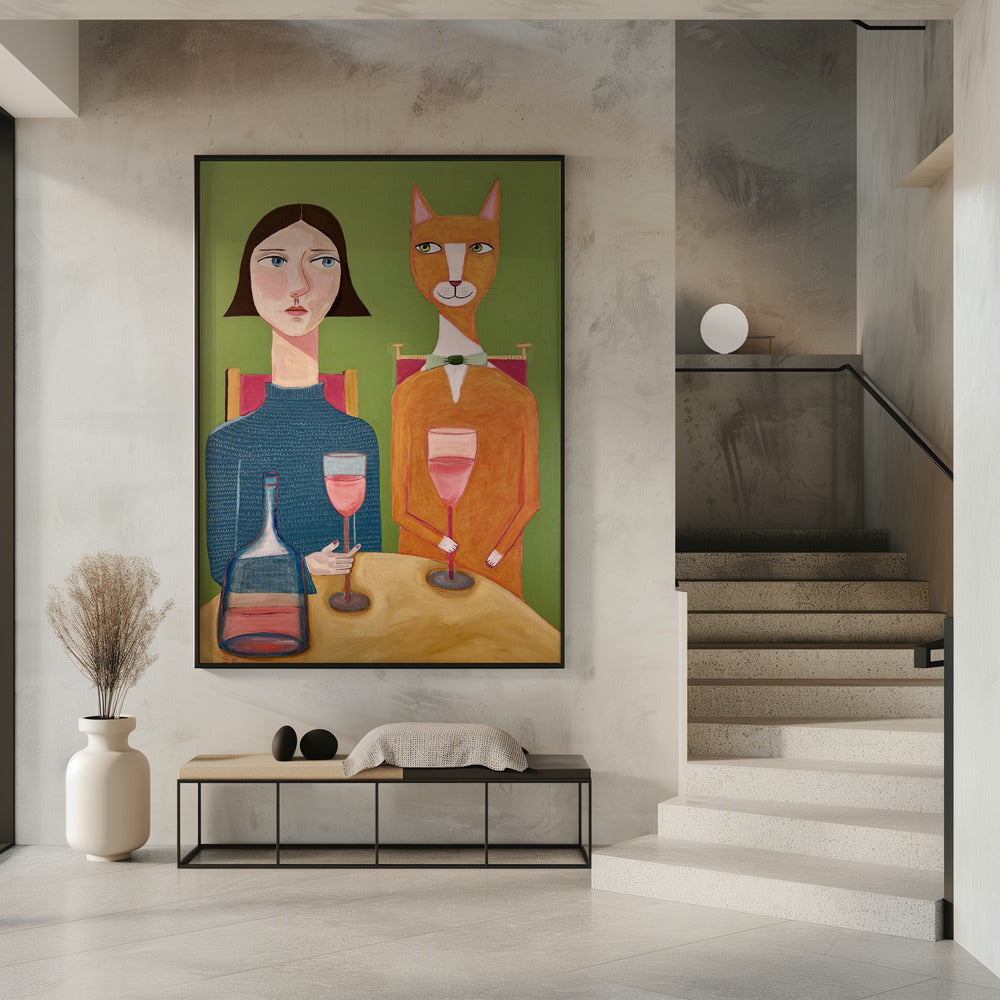 Dame und Katze trinken Wein | Poster